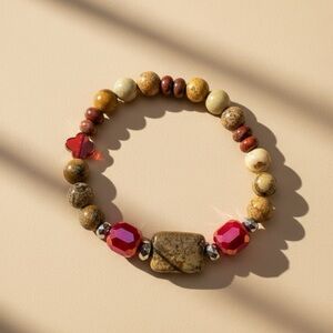 Picture Jasper Petrified Wood Red Glass Rustic Stretch Bracelet Handmade